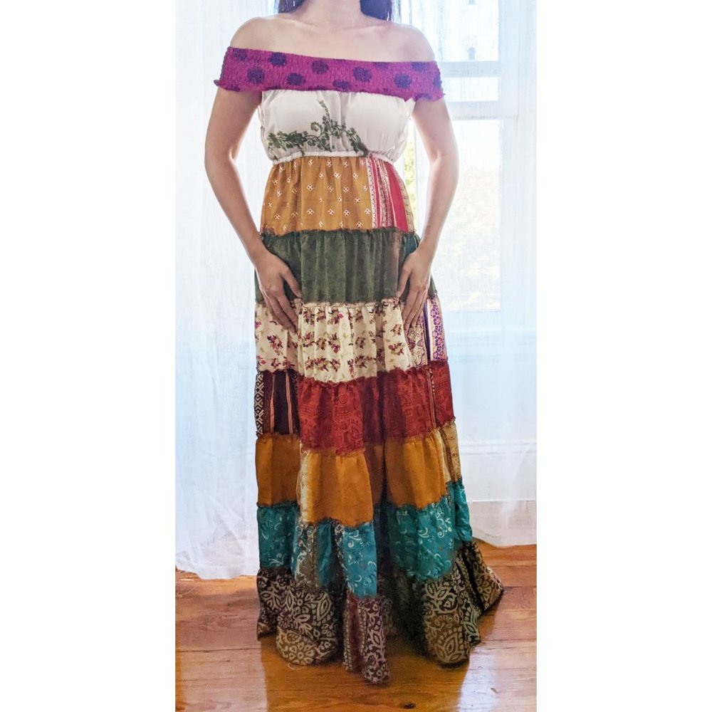Shop Therapy bohemian full length maxi dress multi-color patchwork size SMALL